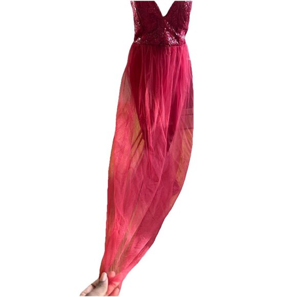 Fashion Nova Dress Cherry Red Ayana Corset Sequin Tulle Mesh Overlay Double Slit - Picture 8 of 16